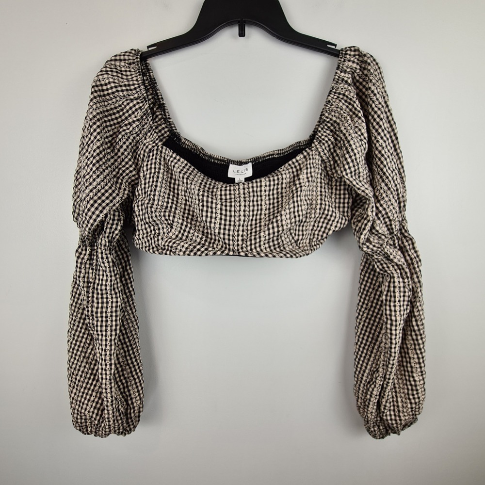 Le Lis Gingham Smocked Crop Top Puff Sleeve Large Boho‎ Milkmaid Underwire
